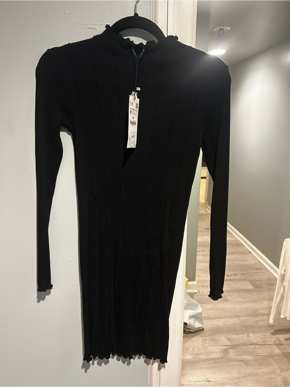 Zara Black Ribbed Mini Dress with Mock Neck
